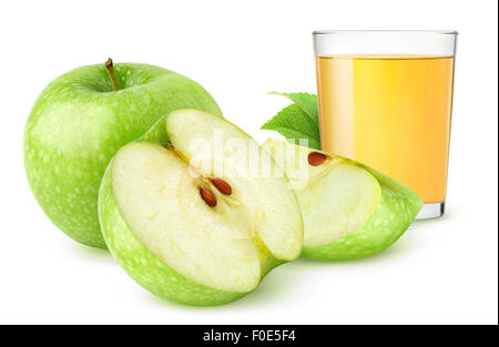 Il succo di mela e mele fresche isolato su bianco Foto Stock