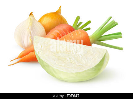 Cavoli freschi, le carote e le cipolle (ingredienti coleslaw) isolato su bianco Foto Stock