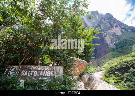 Segno presso il Mirador del Salto Angel nel Parco Nazionale di Canaima. La Cascata è in background. Venezuela 2015 Foto Stock