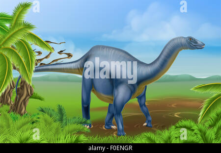 Una illustrazione di un Diplodocus dinosaur dalla famiglia sauropod come brachiosaurus e altri lungo collo dinosauri in un backgrou Foto Stock