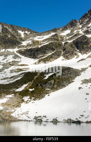 Gli escursionisti a Blackcomb lago sul lago Loop Trail con la cima del Monte Blackcomb, estate, Whistler, BC, Canada Foto Stock