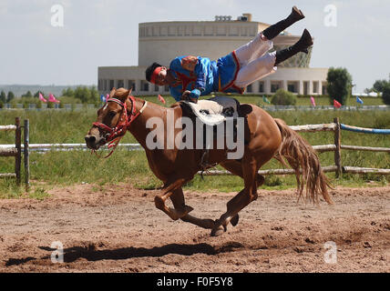 Ordos, la Cina della Mongolia Interna Regione Autonoma. 14 Ago, 2015. Un uomo mongolo mostra la sua abilità quando a cavallo presso il mausoleo di Gengis Khan in Ejin Horo Banner, a nord della Cina di Mongolia Interna Regione Autonoma, 14 agosto 2015. Durante il tempo del decimo Nazionale Giochi tradizionali delle minoranze etniche della Cina, pastori locali hanno presentato la loro equitazione competenze e eseguita ippica per visitatori presso il mausoleo di Gengis Khan, il 13esimo secolo guerriero mongolo e fondatore dell'Impero Mongolo, qui a Ordos venerdì. © Zhang Ailin/Xinhua/Alamy Live News Foto Stock