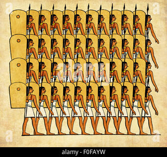 Collage e dipinto di elaborazione da incisioni metà '800, in rappresentanza di Antico Egitto guerrieri andare in battaglia Foto Stock