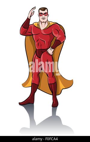 Il Supereroe permanente disegnato in stile comico. Isolato su sfondo bianco. Illustrazione Vettoriale