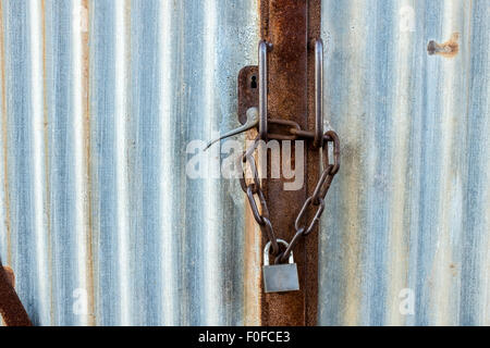 Rusty catena e un lucchetto su un ferro corrugato porta Foto Stock
