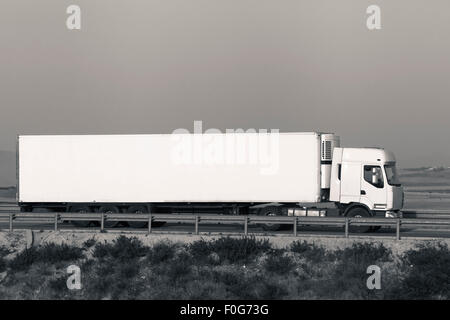 Lunghe e bianche carrello merci su strada con il cielo grigio, ritoccate digitalmente e tonico foto con spazio per testo e grafica. Foto Stock