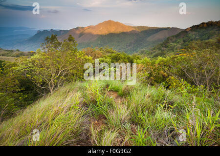 Paesaggio di Panama con l'ultima luce serale sulle montagne del parco nazionale Altos de Campana, provincia di Panama, versante del Pacifico, Repubblica di Panama. Foto Stock