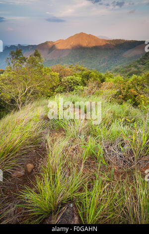 Paesaggio di Panama con l'ultima luce serale sulle montagne del parco nazionale Altos de Campana, provincia di Panama, versante del Pacifico, Repubblica di Panama. Foto Stock