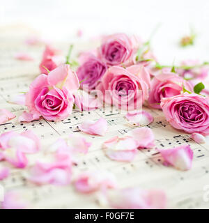 Primo piano di rose rosa su vintage carta da musica Foto Stock