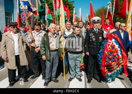 Dobrush (regione di Gomel), Bielorussia - 9 Maggio 2014: Non identificato veterani bielorussi su parade sono holding ghirlande e le bandiere della G Foto Stock