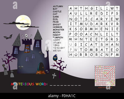 Gioco per bambini per Halloween: trovare tutte le parole (orizzontale, verticale e diagonale). Utilizzare le lettere restanti per trovare le Mystère Foto Stock