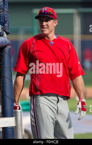 Milwaukee, WI, Stati Uniti d'America. 15 Ago, 2015. tPhiladelphia Phillies secondo baseman Chase Utley #26 prima della Major League Baseball gioco tra il Milwaukee Brewers e la Philadelphia Phillies a Miller Park di Milwaukee, WI. John Fisher/CSM/Alamy Live News Foto Stock