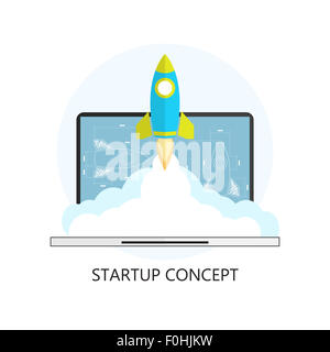 Piatto icona a razzo. Concetto di avvio. Lo sviluppo del progetto. Laptop moderno. Foto Stock