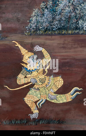 Ripristinato pitture murali (Ramakien) in Wat Phra Kaeo Grand Palace (il Tempio del Buddha di smeraldo), Bangkok, Foto Stock