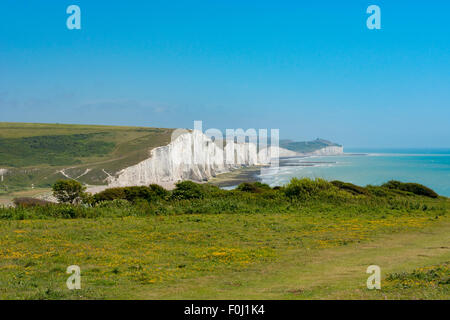 Una vista delle Sette sorelle Coastguard Cottages, Cuckmere Haven e la Manica in South Downs National Park Foto Stock