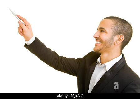 Felice di puntamento di manager con una penna in mano Foto Stock