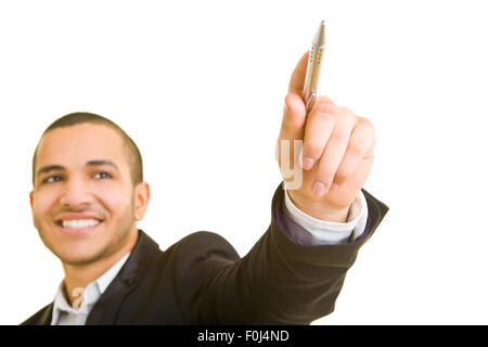 Sorridente giovane uomo d affari rivolto con la sua penna Foto Stock