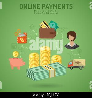 Illustrazione nella piana di Stile linea e diverse icone sul tema dei pagamenti online, la consegna delle merci, come ad esempio denaro, vendita, supporto Foto Stock