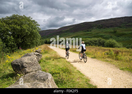 Un paio di escursioni in bicicletta sulla Longdendale trail nel Derbyshire, Inghilterra. Una soleggiata giornata estiva con pendii di erica viola. Foto Stock