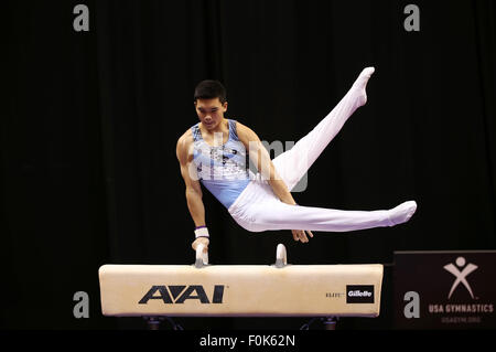 Indianapolis NEGLI STATI UNITI. 16 Ago, 2015. Addison Chung, dalla New England Sports Academy, compete in tutti intorno a finale al junior uomini 2015 P&G Campionati di ginnastica. Chung è stato chiamato per la squadra nazionale.Melissa J. Perenson/CSM/Alamy Live News Foto Stock