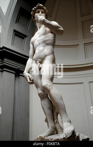 Michelangelo e la famosa statua di 'David' nella Galleria dell' Accademia di Firenze (Italia). Foto Stock