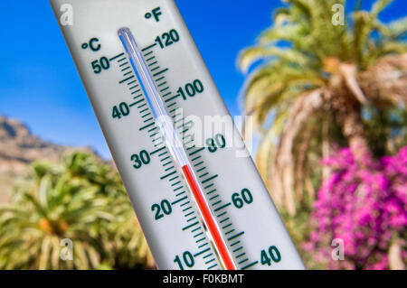 Vacanza Trekking riscaldare il termometro visualizza una vacanza calda temperatura di 25 gradi centigradi contro palme di montagna e cielo blu sullo sfondo Foto Stock