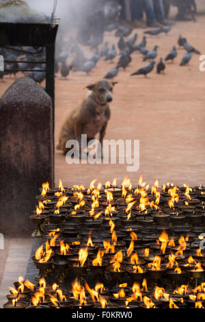 Candele accese nel famoso tempio Bouddanath a Kathmandu, che è uno dei più sacro siti buddista in Kathmandu, 20 aprile Foto Stock