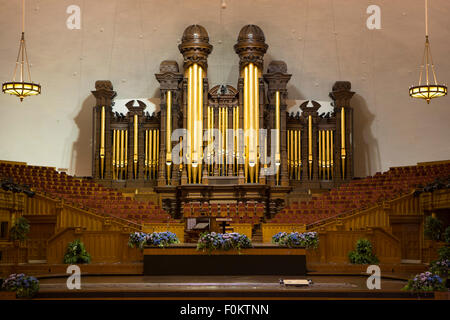 Organo da chiesa tubi e l'interno del tabernacolo mormone Temple Square, Salt Lake City, Utah Foto Stock