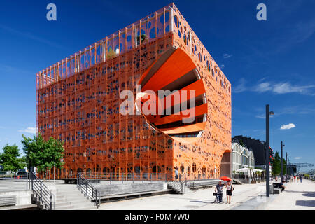 Il Cubo arancio edificio (Le Cube) arancione del la confluenza del distretto di Lione in Francia. Foto Stock