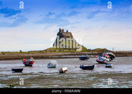 Skiffs a bassa marea di fronte al castello di Isola Santa, Lindisfarne, Northumberland, England, Regno Unito Foto Stock