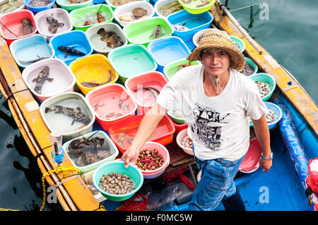 SAI KUNG, NUOVI TERRITORI DI HONG KONG - Settembre 2013 - un pescatore vende pesce vivo dalla sua barca in Sai Kung Harbour, Hong Kong Foto Stock