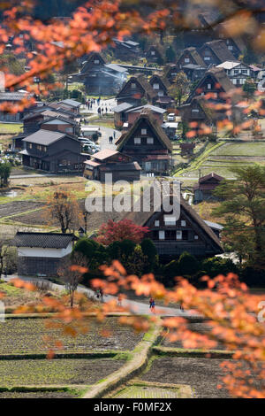 Gassho-zukuri folk houses, Ogimachi village, Shirakawa-go, near Takayama, Central Honshu, Japan, Asia Foto Stock