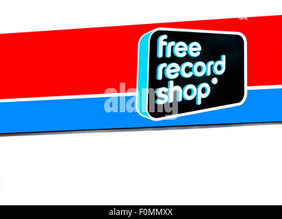 Cartello con il logo del record di Free Shop, home entertainment negozio vendita CD, DVD e video games Foto Stock