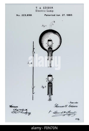 Originali di Thomas Edison lampadina brevetto US immagine, circa 1880 - US Patent and Trademark Office, Washington DC, Stati Uniti d'America Foto Stock