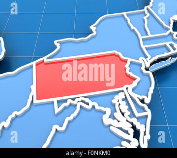 3D rendering della mappa USA con Pennsylvania state evidenziate Foto Stock