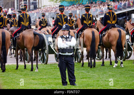 Cavalleria della famiglia provano per l annuale trooping del colore sulla sfilata delle Guardie a Cavallo. Foto Stock