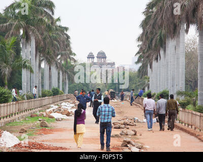 Palm boulevard alberato all'interno del Purana Qila complesso in Delhi, un sedicesimo secolo cittadella costruito dall'imperatore Mughal Humayun Foto Stock