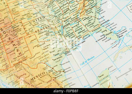 Ripresa macro di una mappa che mostra il Golfo del Messico regione Foto Stock