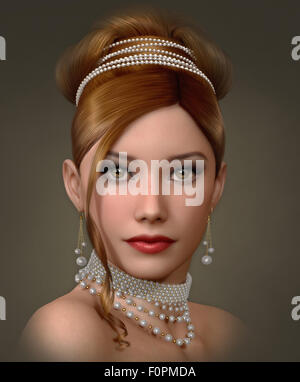 Computer grafica 3d di un ritratto di dama con perle bianche gioielli e serate di acconciatura e trucco Foto Stock