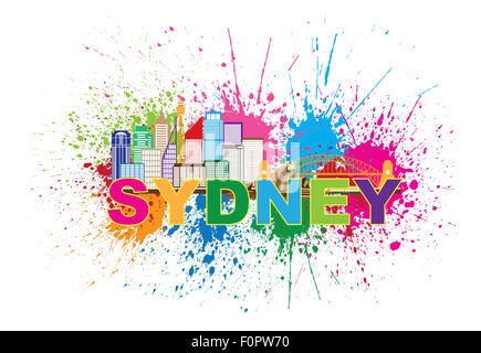 Sydney Australia Skyline Landmarks Harbour Bridge spruzzi di vernice colorata Abstract isolati su sfondo bianco illustrazione Foto Stock