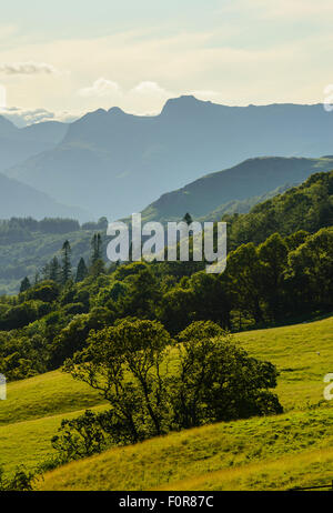 The Langdale Pikes da Skelghyll Lane Near Ambleside, Lake District Foto Stock