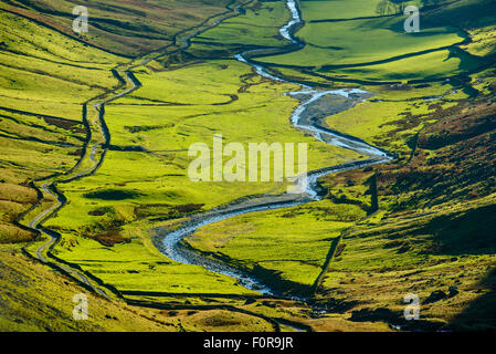 Guardando verso il basso dalla Longsleddale Rigg in acciaio nel distretto del lago, con il fiume Sprint e la via per Gatescarth passano nelle vicinanze. Foto Stock