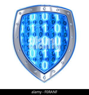 Scudo e codice binario (fatto in 3d, isolato) Foto Stock