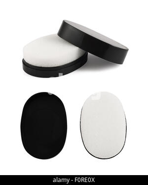 Bianco portatile spugna per la pulizia scarpe in una scatola nera isolate su sfondo bianco, set di due scorci Foto Stock