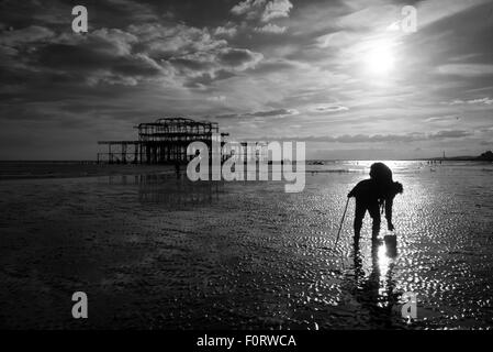 Pescatore alla ricerca di esche, bassa marea,Molo Ovest di Brighton, Regno Unito,in bianco e nero Foto Stock