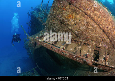 Mar Rosso, Egitto. 15 ottobre, 2014. Sommozzatore guardando wreckship Gianis D. Mare Rosso, Sharm El Sheikh, Egitto © Andrey Nekrasov/ZUMA filo/ZUMAPRESS.com/Alamy Live News Foto Stock