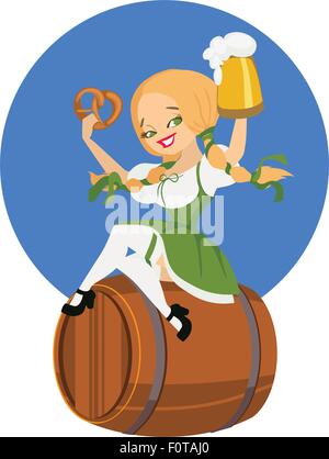 Ragazza di birra in dirndl sul barile con pretzel pinup Illustrazione Vettoriale