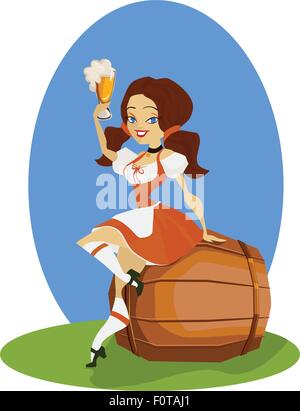 Ragazza di birra in dirndl sul barile con pretzel pinup Illustrazione Vettoriale