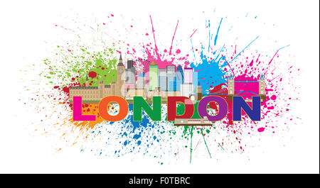 Londra Inghilterra Skyline Panorama con il Tower Bridge e il Palazzo di Westminster astratta spruzzi di vernice con un testo di colore immagine Foto Stock