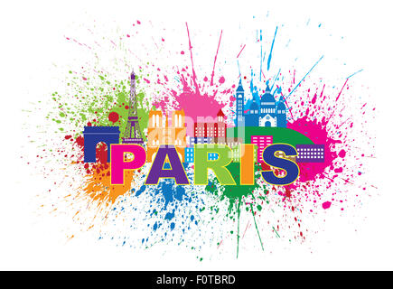 Parigi Francia dello skyline della città delineano Silhouette spruzzi di vernice astratta testo colorato isolati su sfondo bianco Panorama Illustr Foto Stock